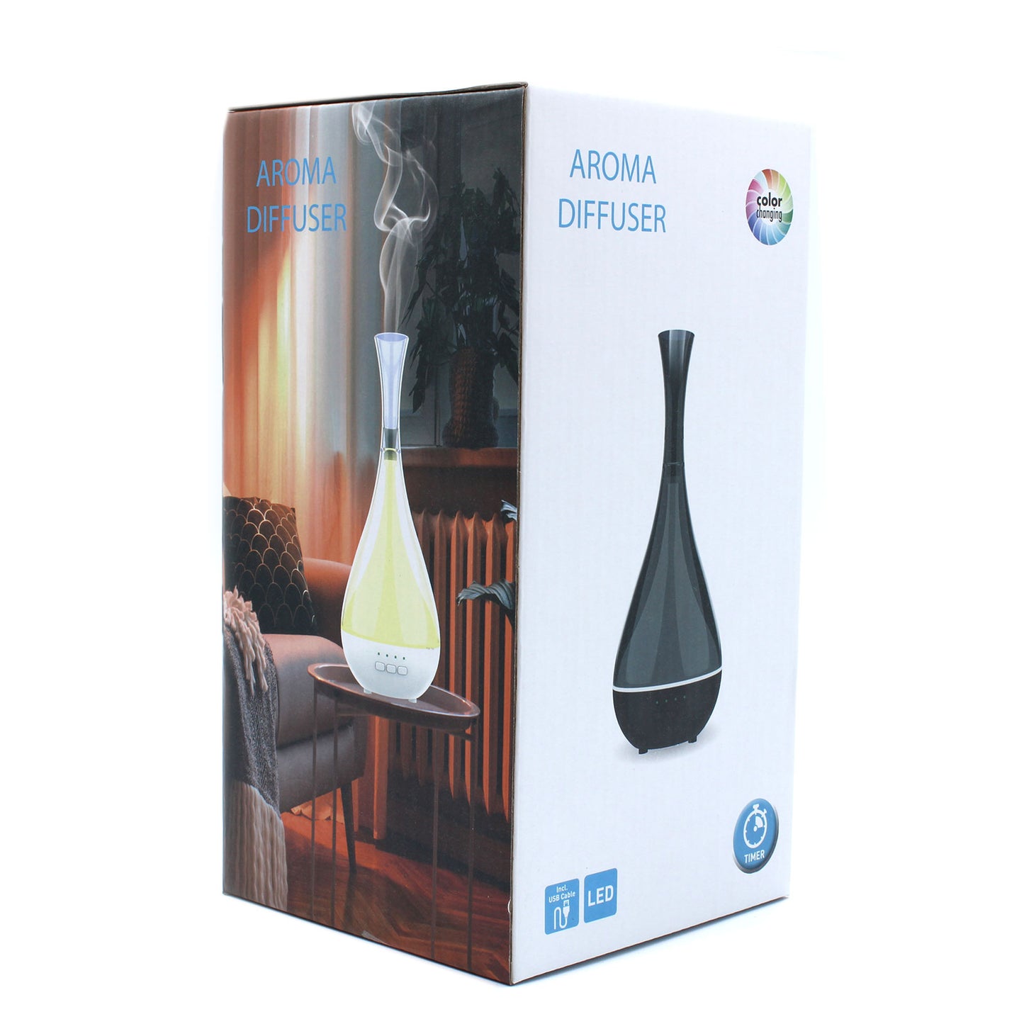 Aroma diffuser packaging with product image and text on a white background