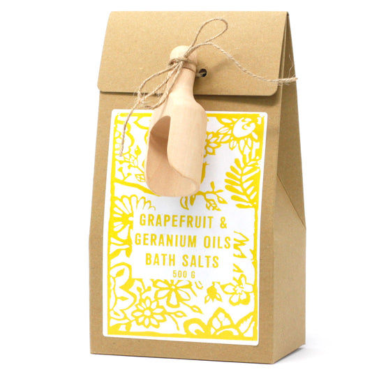 The 500g bags of bath salts come elegantly packaged in a box, complete with a convenient wooden scoop for precise measurements, making them a thoughtful gift for any occasion.