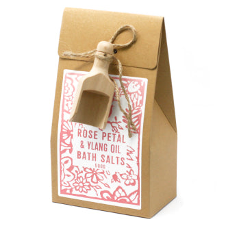 The 500g bags of bath salts come elegantly packaged in a box, complete with a convenient wooden scoop for precise measurements, making them a thoughtful gift for any occasion.