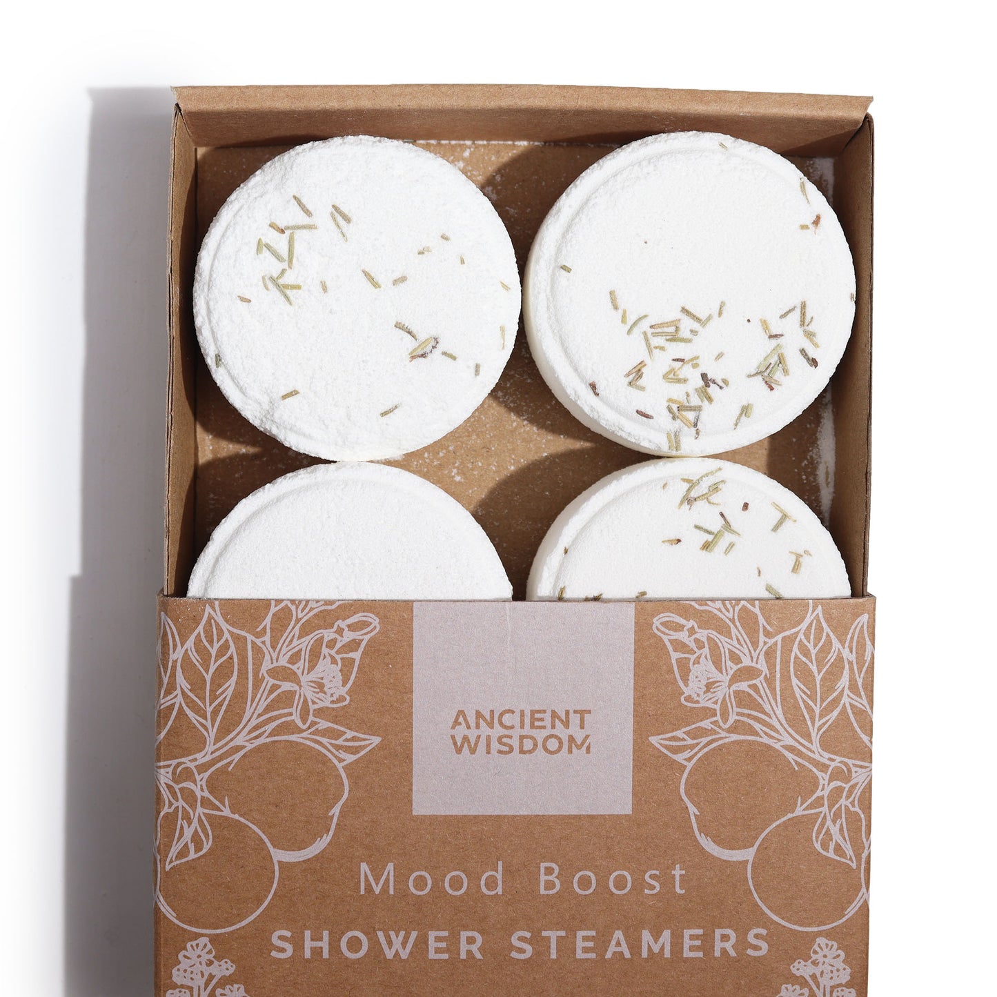  A sleek cardboard sliding box with a minimalist design, containing four neatly arranged round aromatherapy steamers.